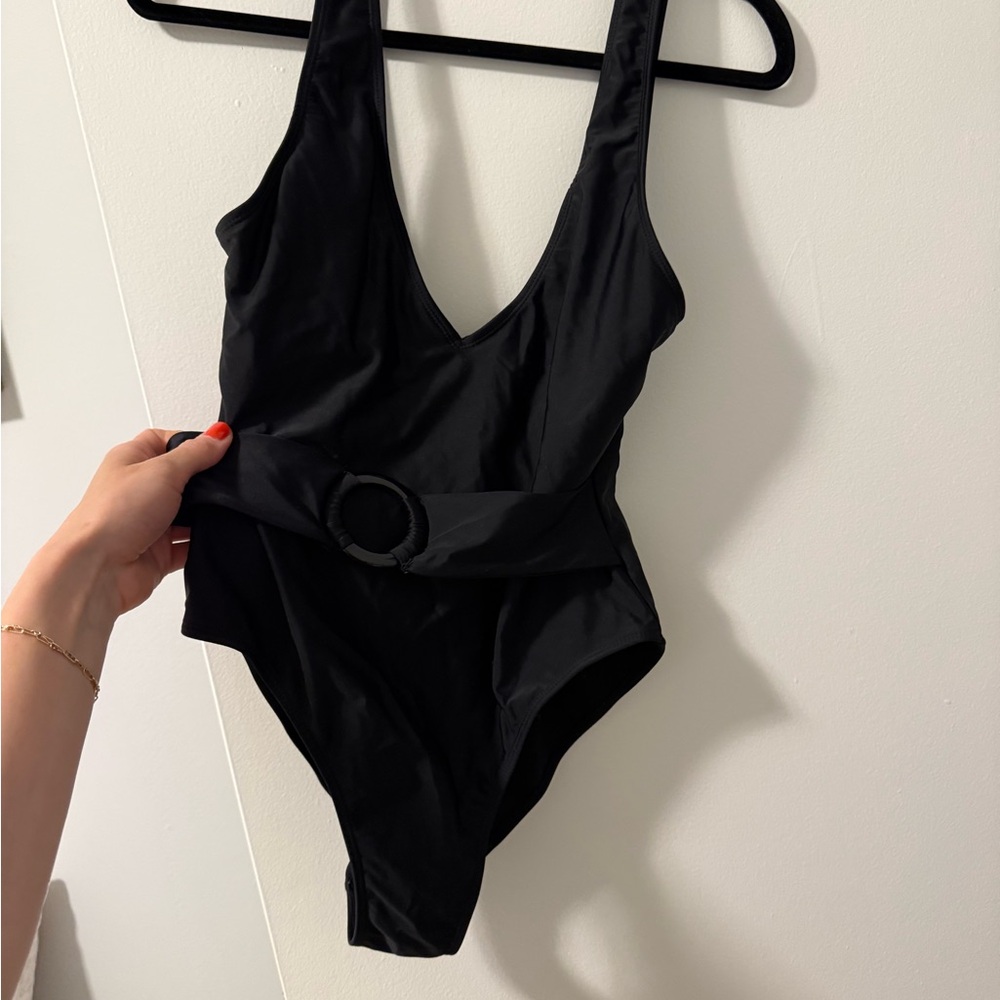 Black One-Piece Swimsuit with Belt